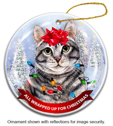 Silver Tabby Cat All Wrapped Up Ornament
