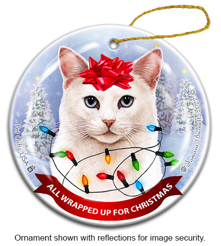 White Cat Short Haired All Wrapped Up Ornament