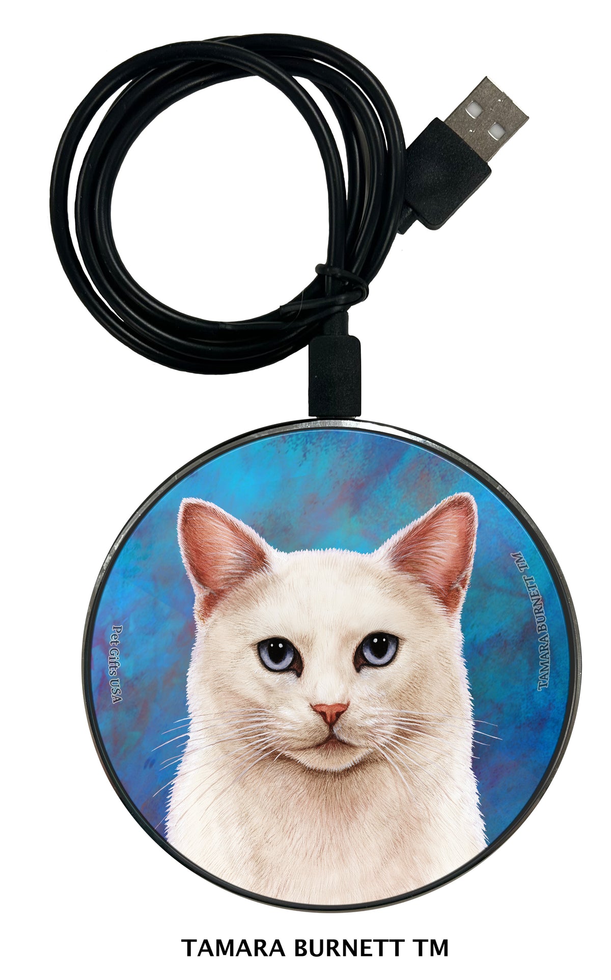 White Cat Blue Eyes Zoomies Wireless Charger