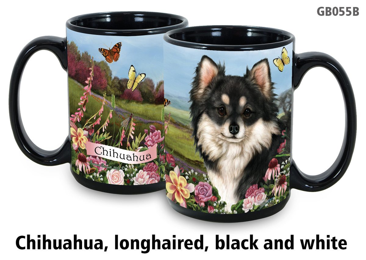 Chihuahua Long-Haired Black & White - Garden Party Fun Mug 15 oz