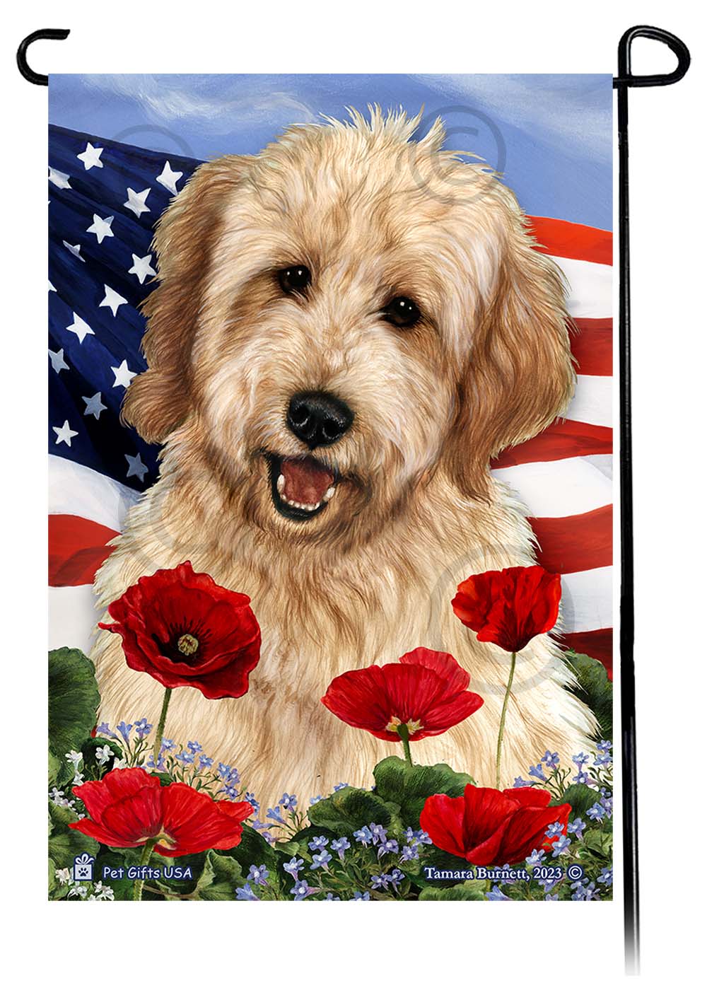 Goldendoodle Patriotic Flowers - Garden Flag