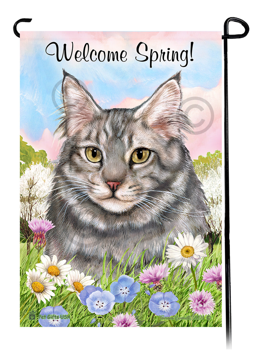 Maine Coon Cat Welcome Spring Garden Flags