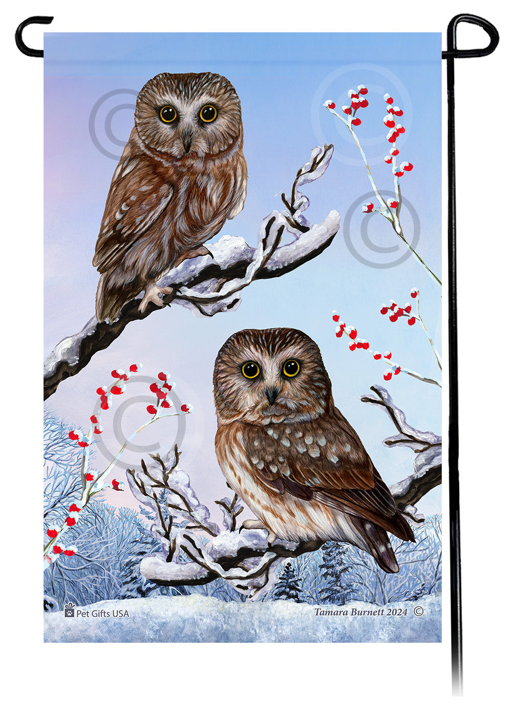 Saw Whet Owl Winterberries Garden Flags