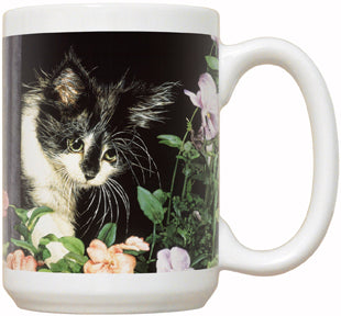 Black And White Cat In Flowers - Fiddler's Elbow Mug