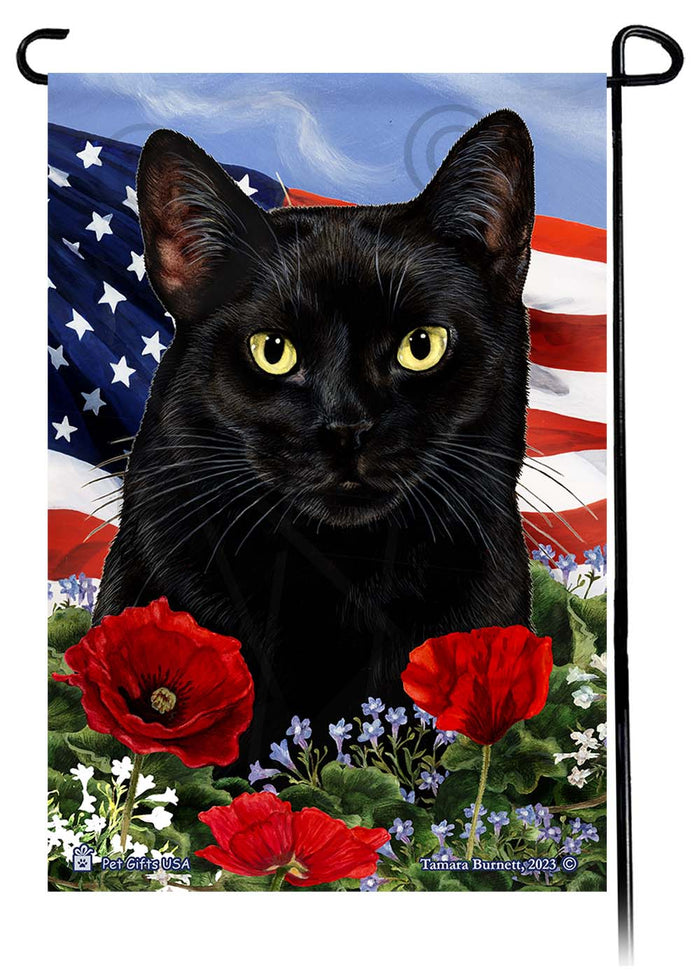 Black Shorthair Cat Patriotic Flowers Garden Flags