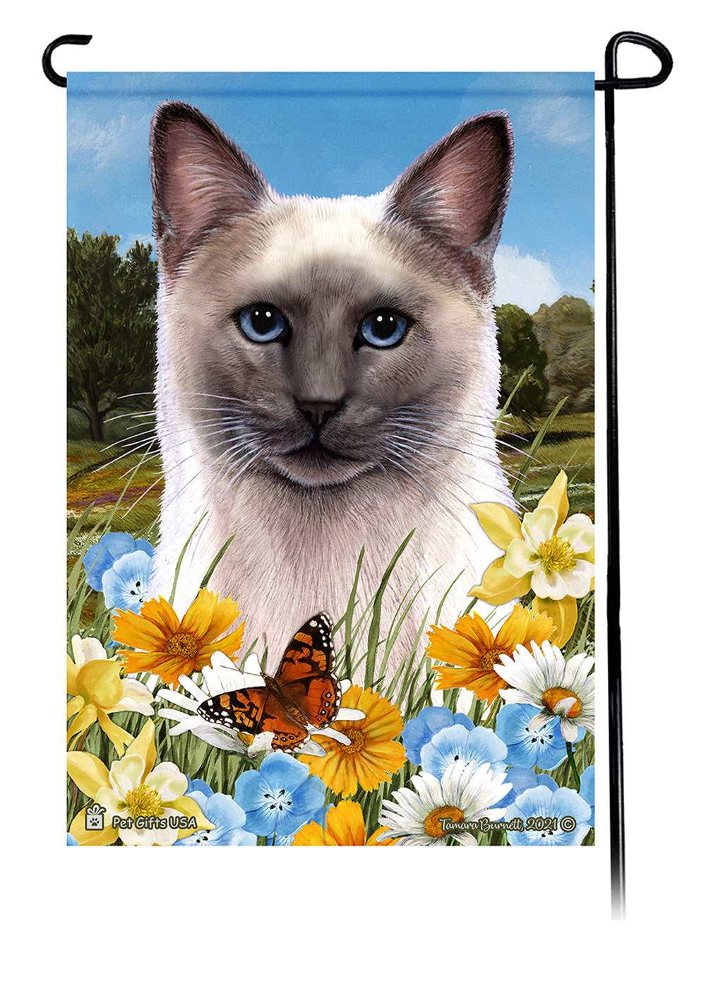 Blue & White Shorthair Cat Summer Flowers - Garden Flag