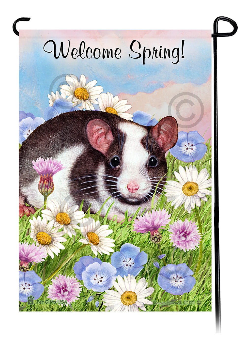 Black & White Pied Rat Welcome Spring Garden Flags